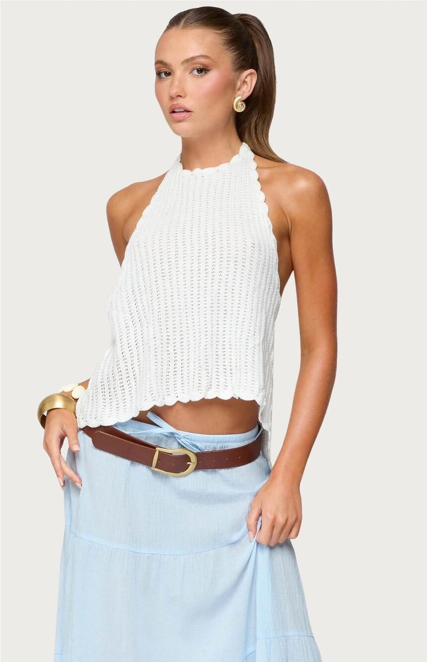 Edikted | Ivey Backless Chunky Crotchet White Scalloped Halter Open Back Top